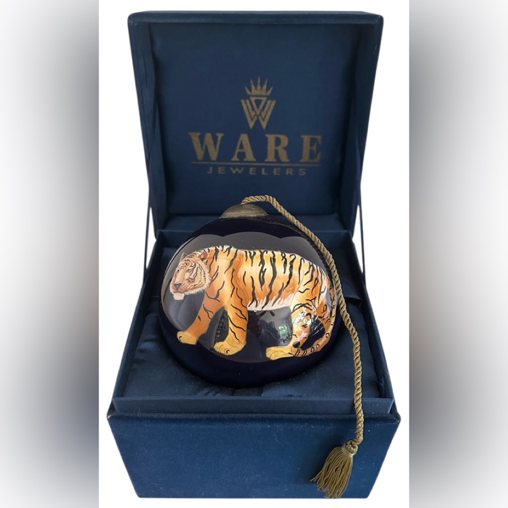 Vintage Tiger Hand Blown Glass Inside Painted Ornament Artist Signed In Box
